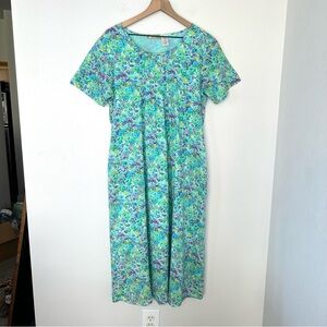 La Cera Floral Cotton Short Sleeve Midi Dress Sz L 100% Cotton Cottagecore Green